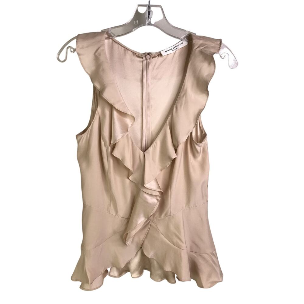 Amanda Uprichard Blouse Wmns Size Small Beige Ruffle Trim Zip Back Luxe Romantic